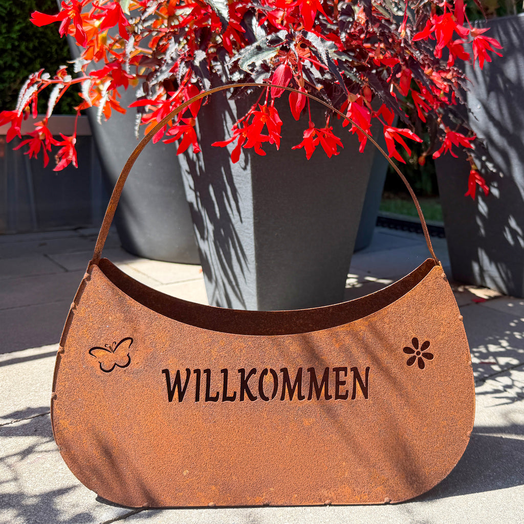 Tasche "Willkommen" aus Edelrost zum Bepflanzen