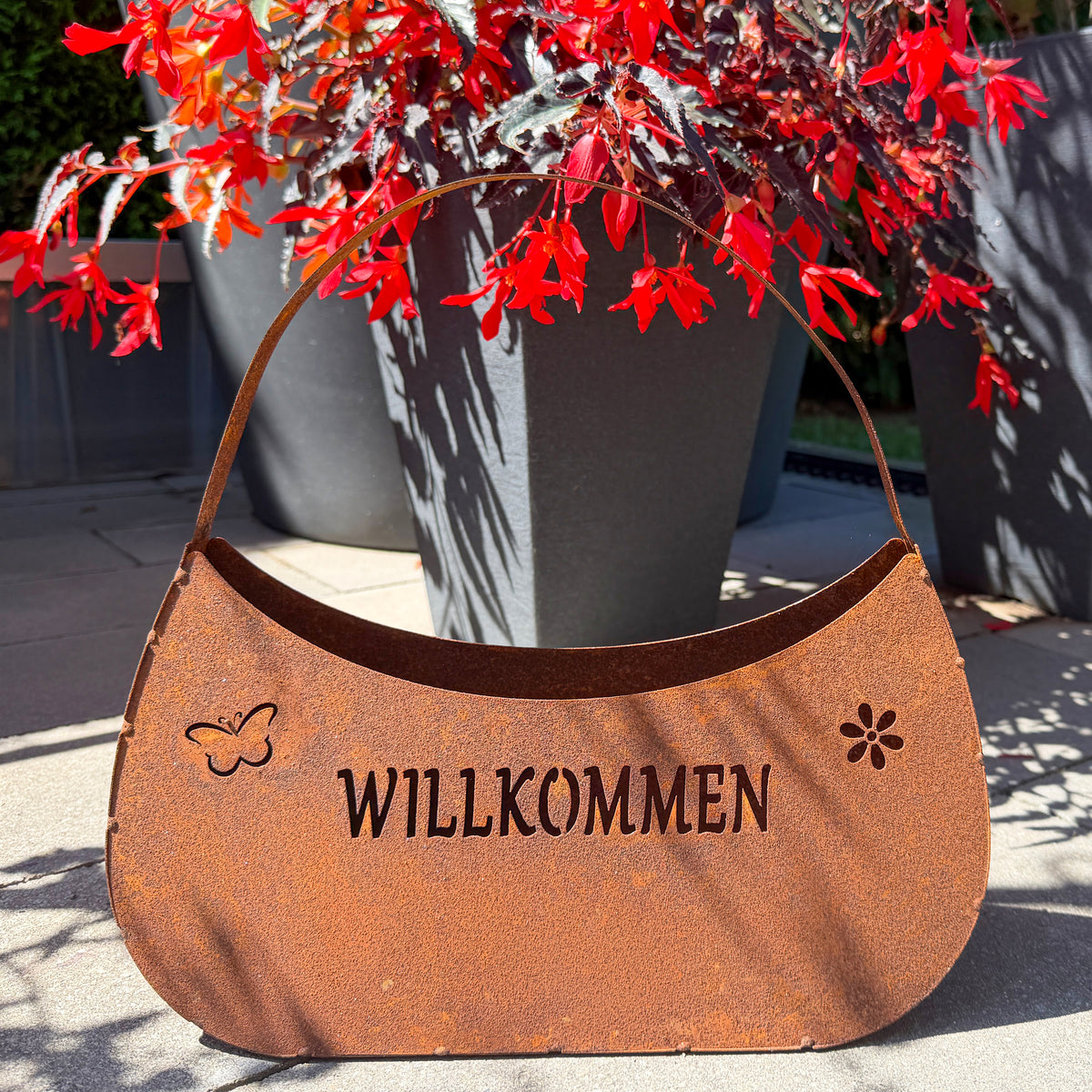 Tasche "Willkommen" aus Edelrost zum Bepflanzen
