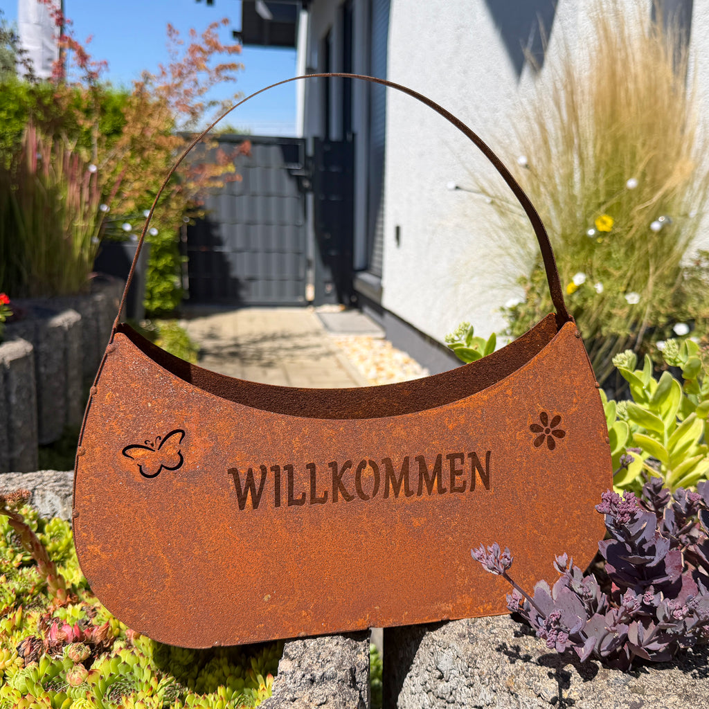 Tasche "Willkommen" aus Edelrost zum Bepflanzen