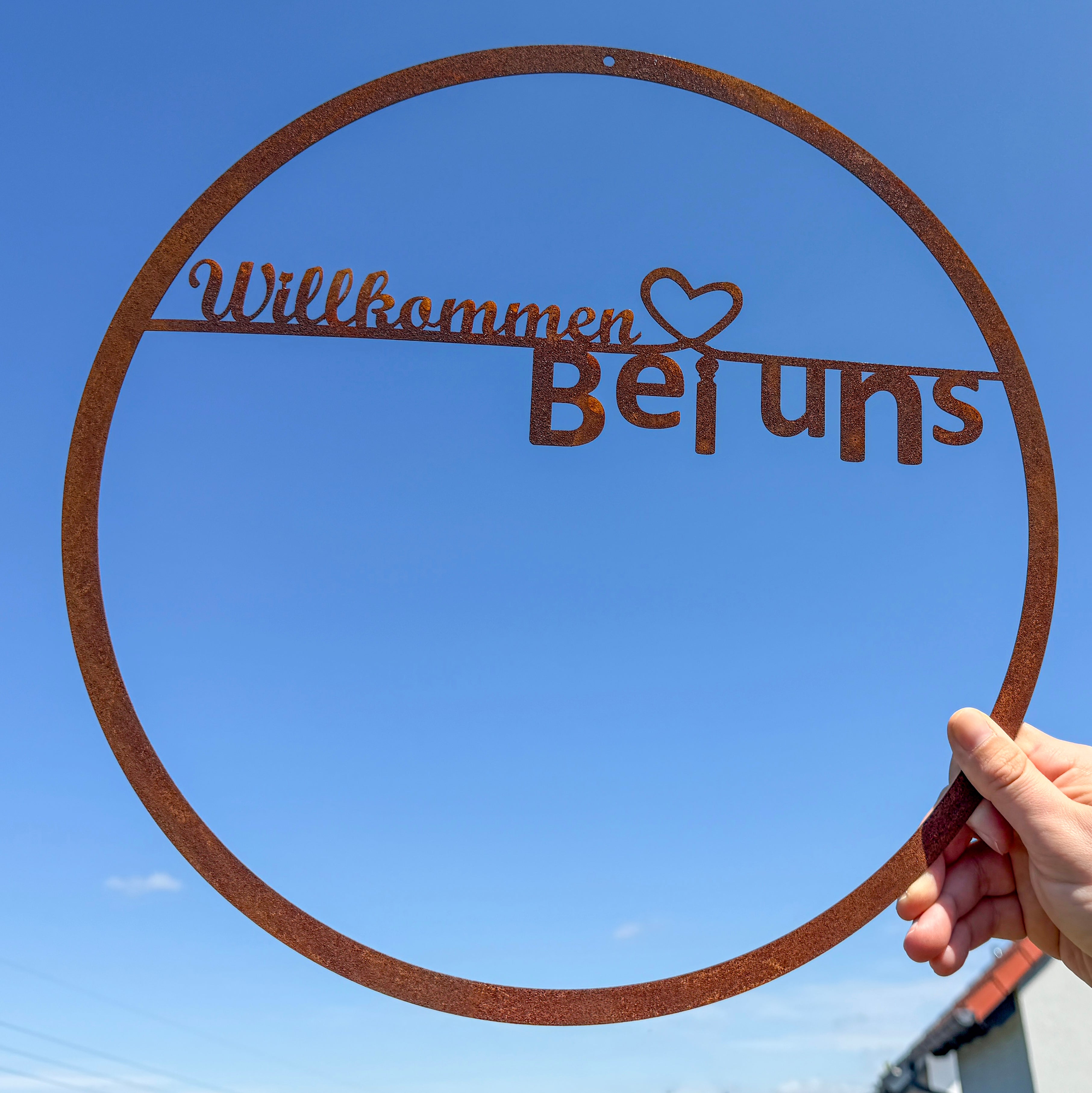 Edelrost-Schild "Willkommen bei uns"