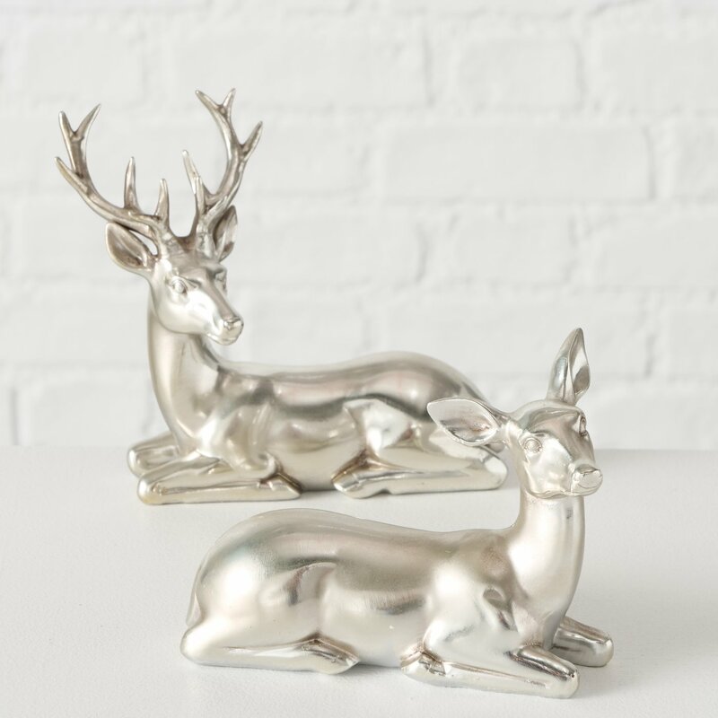 Hirsch "Family" mit oder ohne Geweih, aus Kunstharz, silberfarbig